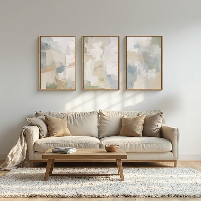 Large Abstract Gray Pastel Framed Canvas Wall Art Set,Neutral Watercolor Brush Stroke Wall Decor,Modern Minimalist Beige Illustration Artwork for Living Room,Bedroom,Dining Room -16"x24"x3
