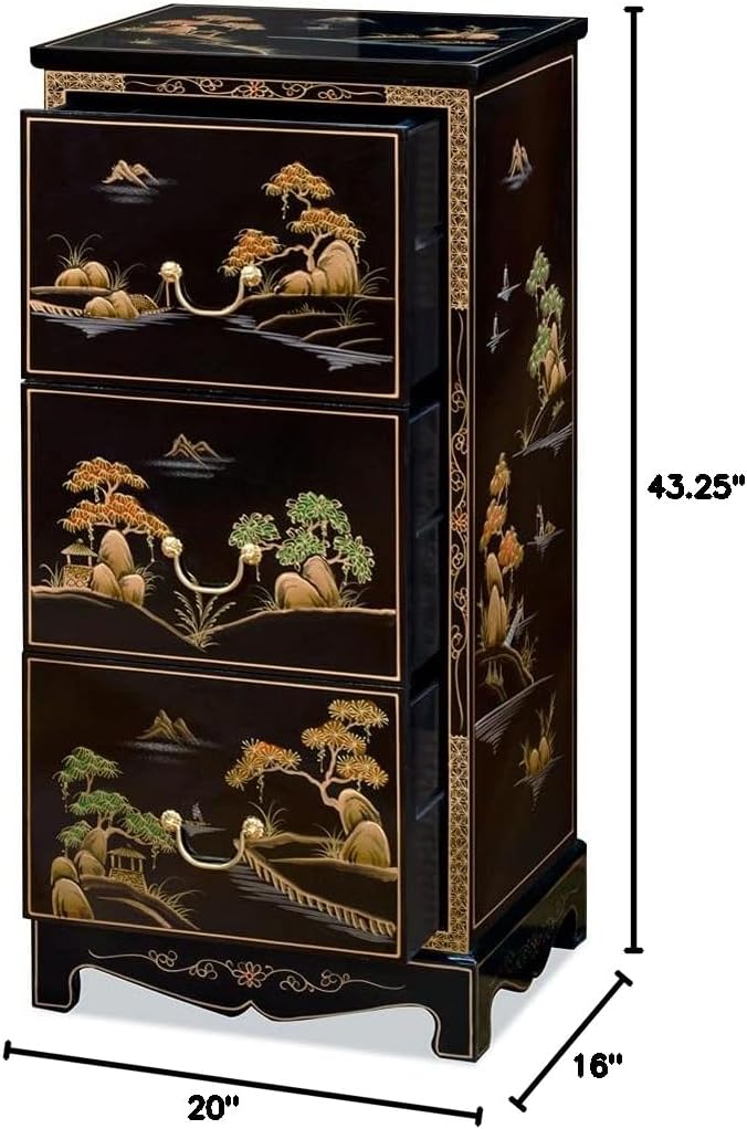 ChinaFurnitureOnline Black Lacquer Chinoiserie Scenery Motif 3 Drawer Oriental File Cabinet