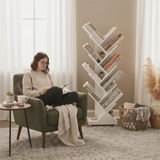 ruboka Tree Bookshelf,Retro Floor Standing Bookcase Display for CDs/Magazine/Books,Small Bookshelf for Bedroom,Living Room,Office,Balcony,Brown Storage Shelves (White, 9 Tier)