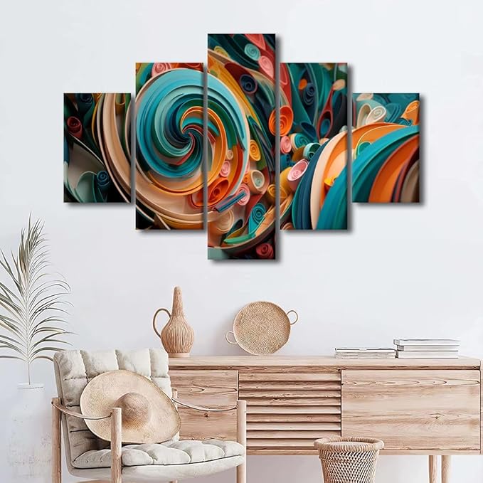 5 Panel Wall Art Canvas Wall Art for Home Modern Living Room Decor Abstract Canvas Wall Art Colorful Paper Swirls Spiral Poster Prints on Canvas for Bedroom Decor Framed Ready to Hang 60x40 in