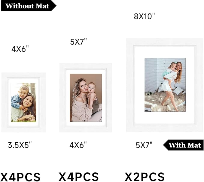 Picture Frames, Made of Real Glass and Wooden Frame, Gallery Photo Frames Set of 10 for Collage Wall Decor, Multi Sizes Including 8x10, 5x7, 4x6 for Mounting or Tabletop Display, White