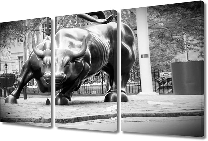 TUMOVO Black and White Canvas Wall Art Multi Panel Wall Street Bull Canvas Prints Pictures Modern Artwork for Bedroom Home Decorations Posters Stretched Framed Ready to Hang - 36" Wx24 H