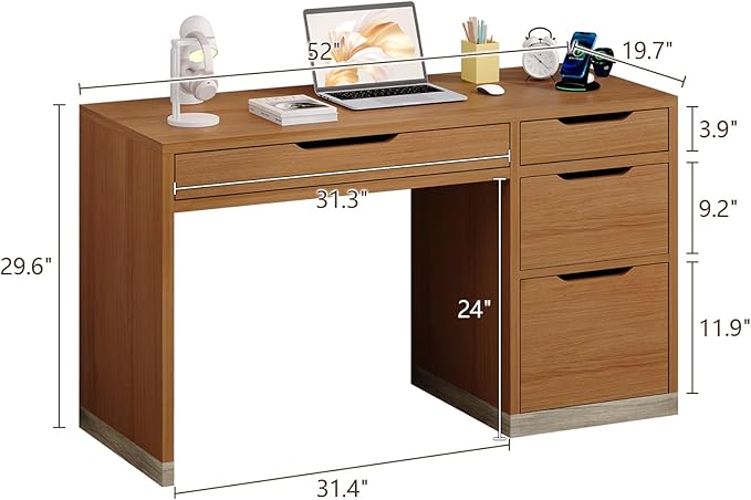 Small Desk with Drawers, 52 Inch Computer Desk with Storage, Home Office Desk with Filing Drawer for Bedroom, Brown