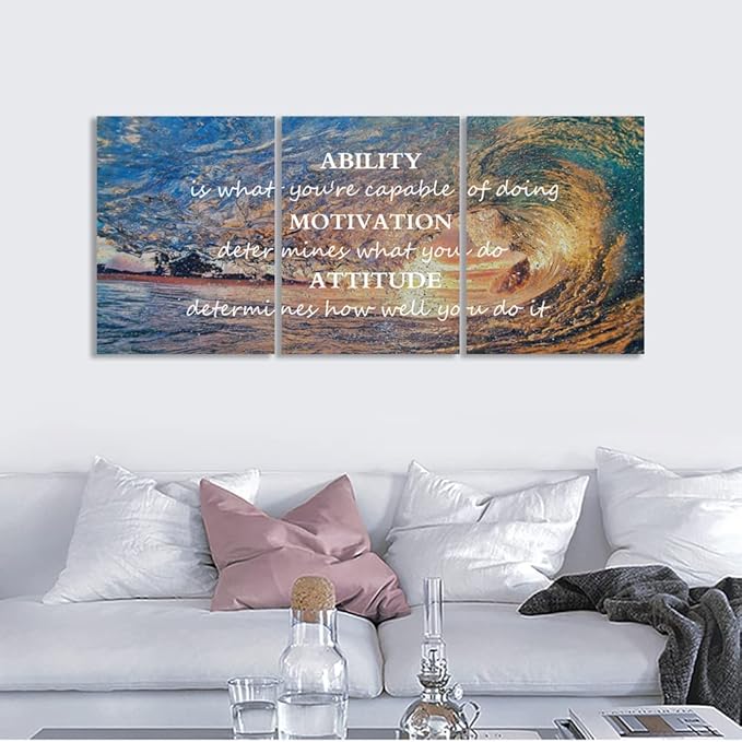 Unbruvo Motivational Wall Art for Office, 3 Pieces Canvas Painting with Inspirational Quotes, Ability Motivation Attitude Prints for Living Room Bedroom Study Room Decor(60" Wx28 H)