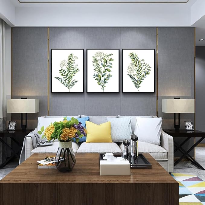 AHUASJART Green Leaves Poster Wall Paintings Black Framed Wall Art For Living Room Office Wall Decorations Kitchen Wall Decor large Canvas Print Decor Modern Simple Bedroom Home Decoration 3 Pieces