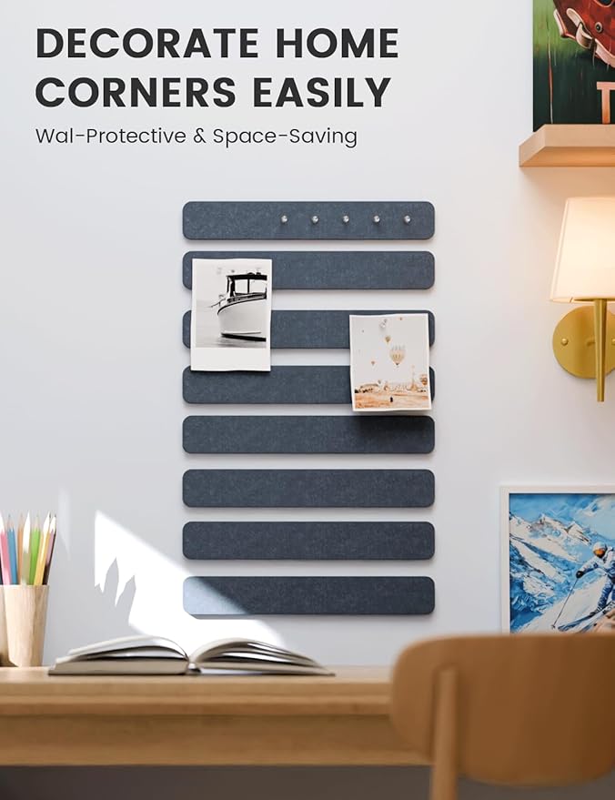 Fluxynara Cork Board Alternative Felt Strip Board 8-Pack 13"x2", Office Pin Board with 50 Push Pins, Adhesive Install for Bedroom Door & Home Office(Denim Blue)