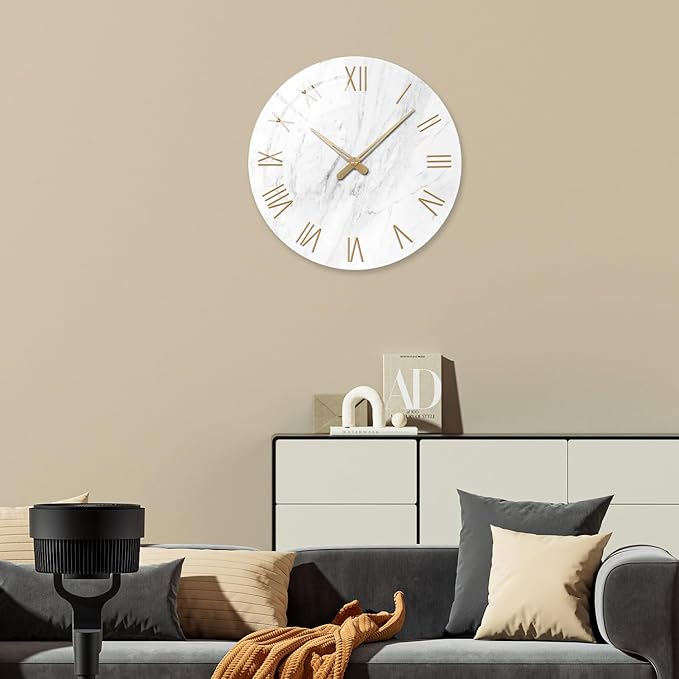 Large White Marble Wall Clocks Battery Operated 20 Inch Modern Analog Glass Wall Clocks for Living Room Office Dinning Room Silent Non Ticking Wall Clock