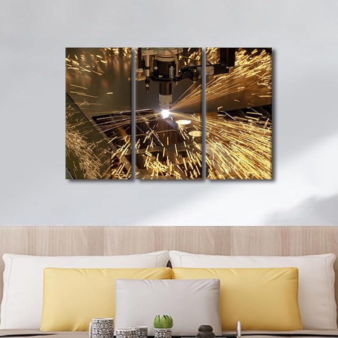 TUMOVO Plasma Cutting Wall Decor Industry Machine Pictures 3 Panels Wall Art Canvas Prints Bedroom Wall Decor Canvas Art Paintings Decor Canvas Frame Artwork for Home Walls Ready to Hang, 36x24 Inch