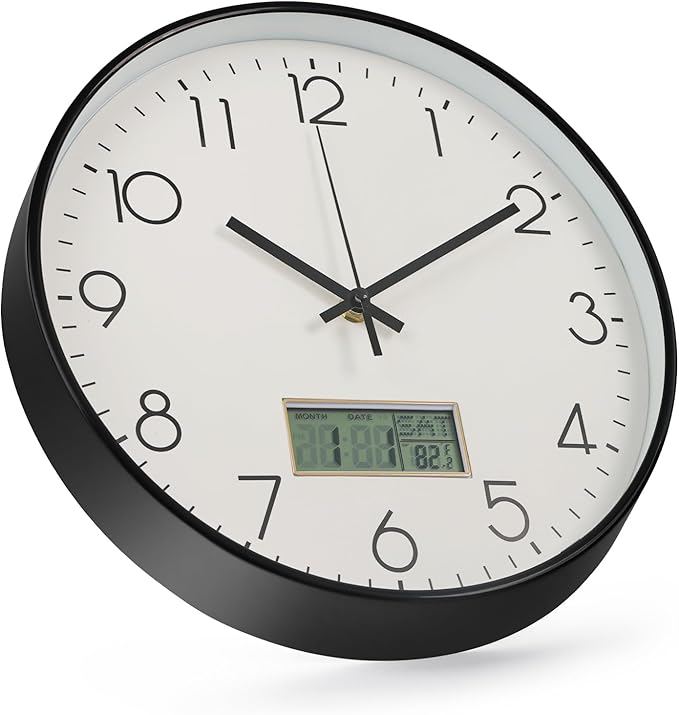 Wall Clock with LCD Display Non-Ticking Silent Quartz Movement Decor Clock with Perpetual Calendar and Temperature Modern Style Round Wall Clocks for Office/Living Room/Bedroom(White, 12inch)
