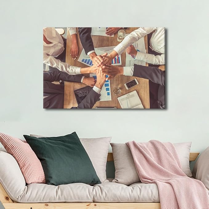 1 Panel Wall Art for Office Top View of Beautiful Business People In Formal Wear Holding Hands Together While Sitting In The Office Modern Artwork Canvas Print Pictures Ready To Hang (16"Wx24"H)