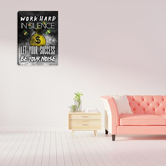 Motivational Success Wall Art Inspirational Work Hard Picture Poster Prints Art Painting Black and White Positive Office Wall Decor Wall Decorations for Home Living Room Bedroom Framed 12"x16"