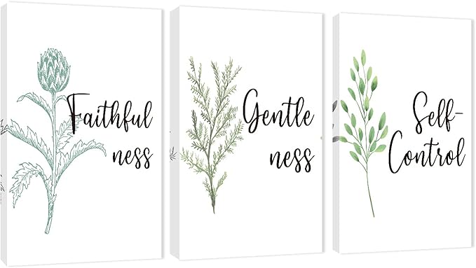 3 Piece Inspirational Wall Art, White Plant Background Picture, Quote "Faithfulness Gentleness Self-control" Canvas Print for Home Decor, Stretched And Framed Artwork for School Wall Decor(36"Wx18" H)