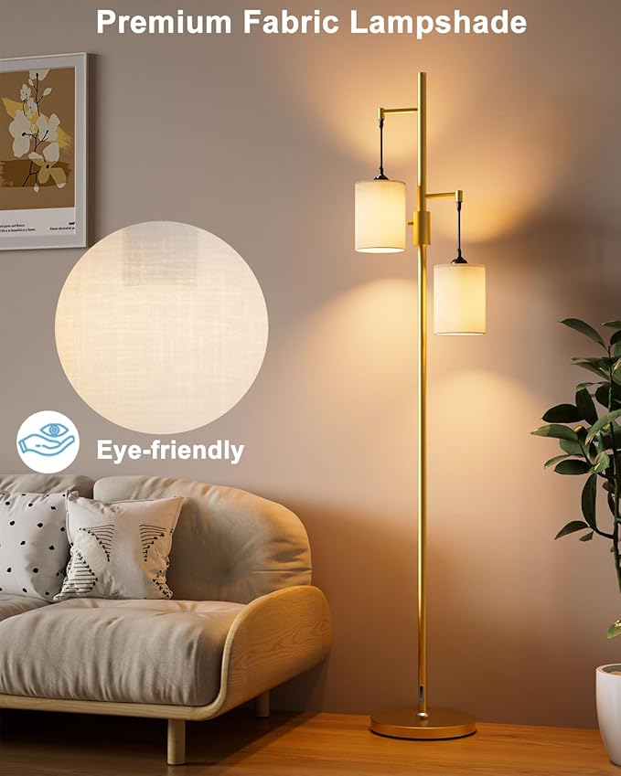 Lightdot 65IN Gold Floor Lamp for Living Room, Industrial 2-Light Tree Floor Lamps with Linen Shade, Mid Century Modern Standing Tall Pole Lamp for Bedroom/Sofa Beside/Corner Decor-Gold(Bulb Included)