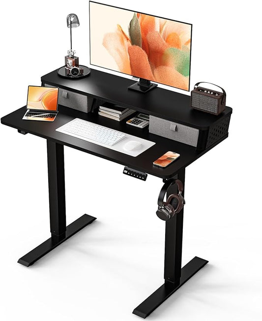 Kingant 35 x 20 Inch Small Electric Standing Desk with Dual Drawers, Height Adjustable Sit to Stand Computer Desk with Storage Shelf and C-Clamp Mount Compatibility for Home Office, Black