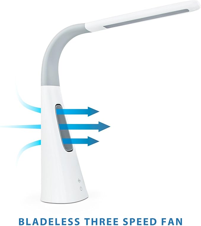 Turcom LED Desk Lamp with Fan, Cool Breeze Lamp with Bladeless Fan with Adjustable Neck, 3 Speeds and 5 Brightness Levels, White