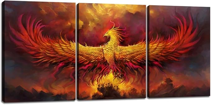 Fire Phoenix Wall Art Prints Volcanic Burning Phoenix Birds Canvas Picture Posters Prints Artwork 3 Piece Home Office Living Room Bedroom Decor Framed Ready to Hang - 36" W x 16" H