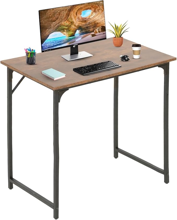 NChanmar 32 Inch Computer Desk, Office Desk Gaming Desk with Metal Frame, Writing Workstation for Home Office, Space Saving Computer Table for Small Space (Brown) 31x19.6x29