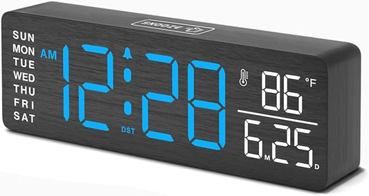 DreamSky Wooden Digital Alarm Clocks for Bedrooms – Large Display Desk Clock with Date & Day of Week for Living Room, Temperature, Dimmer, Adjustable Volume, Auto DST, Office Wood Décor (Plug-in)