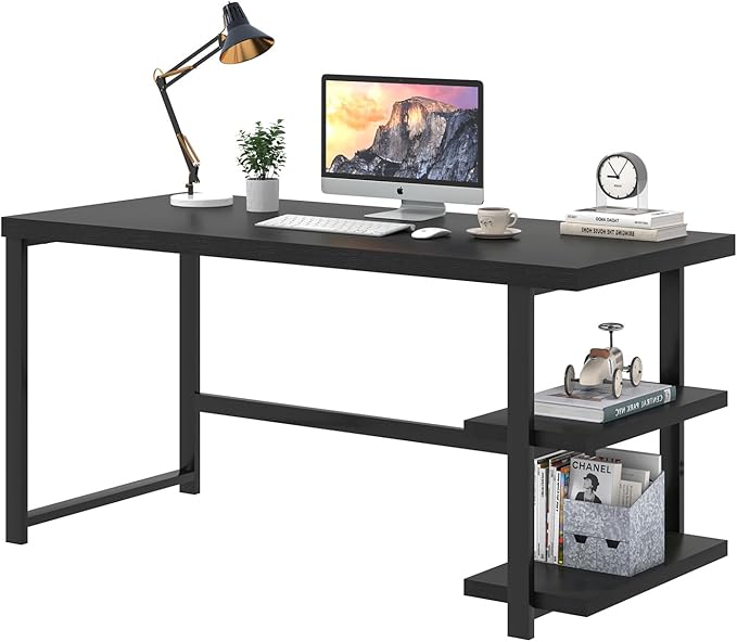 EXCEFUR Black Desk, Modern Computer Desk for Home Office, Metal Wood Writing Study Table Workstation with Storage Shelf for Living Room, Bedroom, 53 Inch