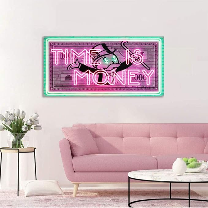 Time Is Money Show me the Money Motivational Office Canvas Art Green Pink Inspirational Wall Art Canvas Print Home Office Room Decor Inspirational Gifts for Men HD Print Framed Easy to Hang-40 Wx20 H