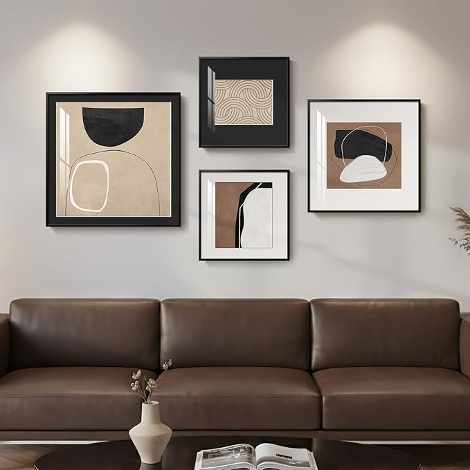 Framed Abstract Wall Art Set of 4, Large Modern Minimalist Canvas Decor Prints, Black and Brown Geometric Boho Neutral Pictures Paintings for Living Room, Bedroom, Dining, Office and Hallway