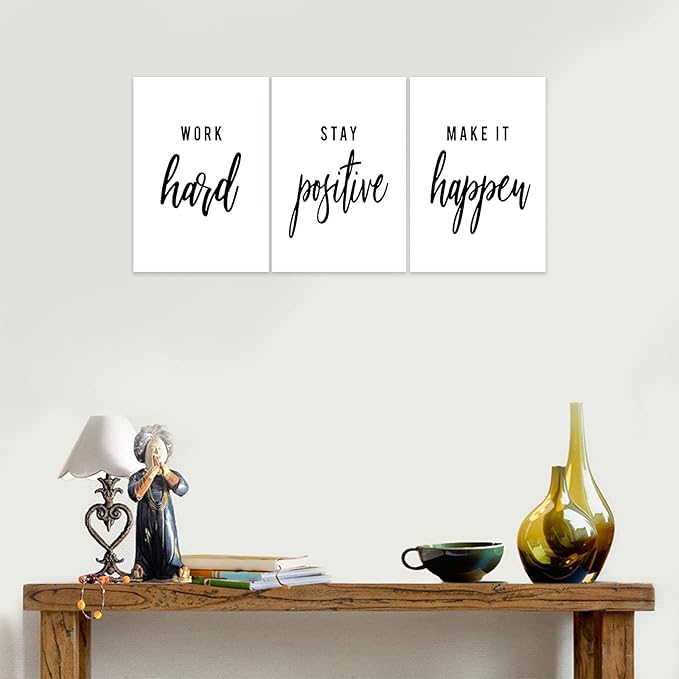 3 Piece Inspirational Wall Art, White Motivational Mindset Picture, Quote "Work Stay Make It" Canvas Print for Office Decor, Triptych Entrepreneur Poster Framed Artwork for Gym Wall Decor (36"Wx24" H)
