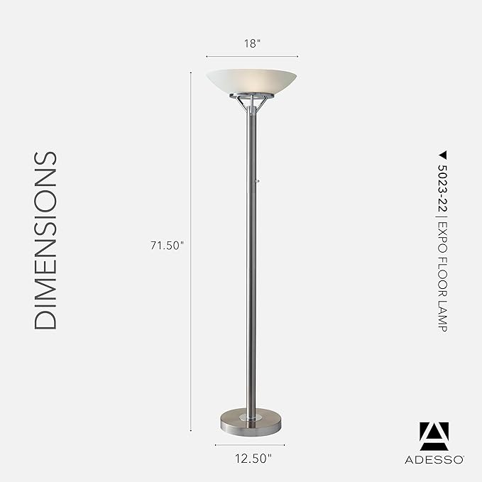Adesso Floor Lamp with Brushed Steel and Chrome Finish - Perfect Lighting for Bedroom, Living Room and Corner Décor