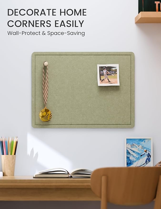 Fluxynara Bulletin Board, 23.6" x 17.5" Cork Board Alternative with 12 Safe Removable Adhesive Tabs, Foldable Felt Pin Board for Home Office, Classroom, Bedroom,Entryway for Walls— Sage
