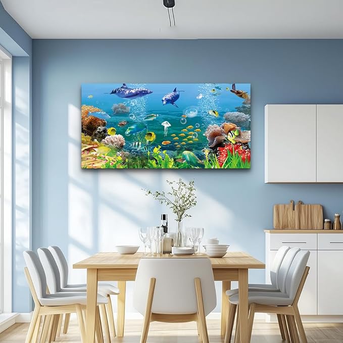 MHARTK66 Canvas Wall Art - Coral and Fish Modern Home Decor Stretched and Framed Ready to Hang Ocean Theme Sea Fish and sea Turtles Mediterranean Style Canvas Prints The living room Wall Decor
