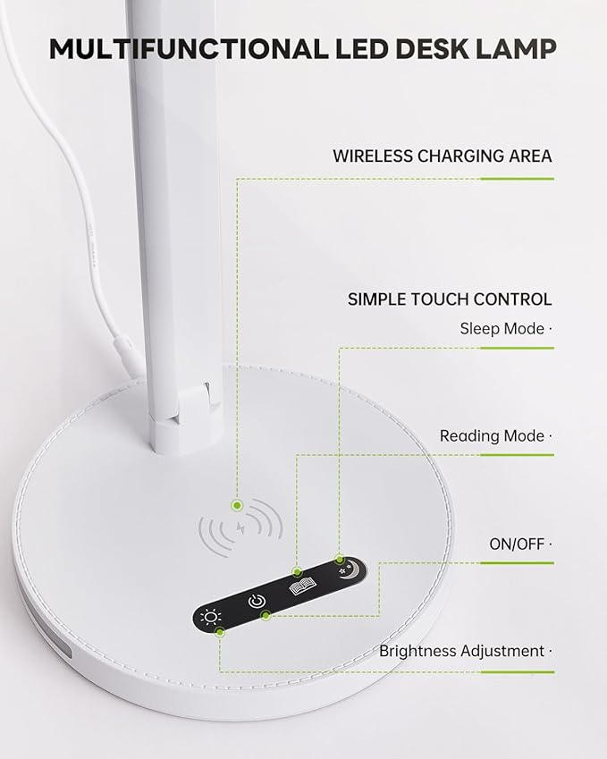 Upgraded LED Desk Lamp with Wireless Charger, Stepless Dimmable Foldable Table Lamp for Home Bedroom Office Sturdy Room, 3 Color Temperatures, Memory Function