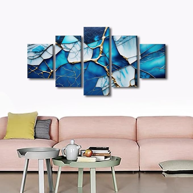 Abstract Canvas Wall Art Modern Abstract Enthusiasts Home Wall Decor Ice Blue Glass Abstract Poster Prints on Canvas 5 Panel Living Room Office Decor Stretched Framed Ready to Hang 60x32 in