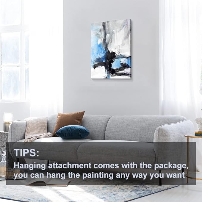 Large Abstract Canvas Wall Art Modern Aquarelle Art Paintings Black and Blue Fantasy Colorful Graffiti on White Background Minimalist Artwork Decor for Living Room Bedroom Corridor Framed 30x20in