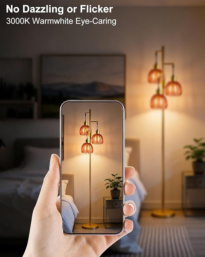 Lightdot 65'' Glass Floor Lamp Dimmable Gold with Deep Red Lotus Glass Shade & 3000K Bulbs Included 3-Lights Modern Tall Standing Lamp for Living Room/Bedroom/Sofa Beside/Corner Decor