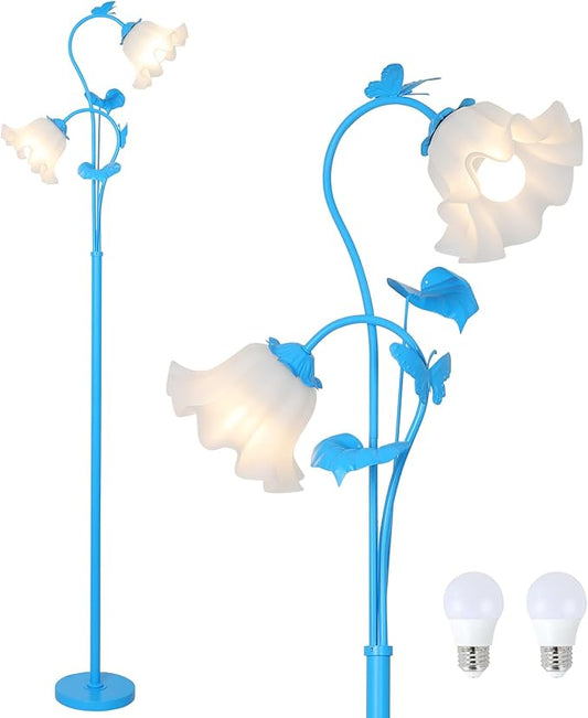 HMVPL Blue Floor Lamp for Living Room, Flower Standing Lamp with 2 LED 5W Blubs, Foot Switch, Floral Tall Lamp with Acrylic Shade, Antique Lotus Flower Floor Lamp for Living Room Office Reading