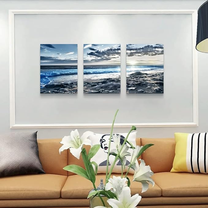Lapremoly Canvas Wall Art For Living Room Framed Wall Decor For Bedroom Office Decorations Blue Beach Seascape Wall Pictures Ocean Landscape Painting Poster Prints Artwork Home Walls Decor 3 Piece