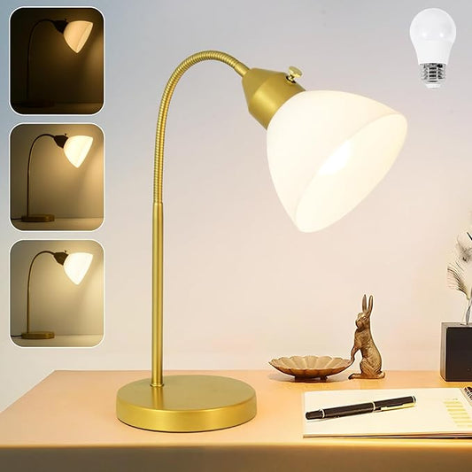 LED Desk Lamp for Home Office, 3 Levels Dimmable Reading Light, Flexible Table Lamp for Bedside Office, Rotary Switch Control, Desk Lamp for College Dorm Study Lamp, Bulb Included, Gold