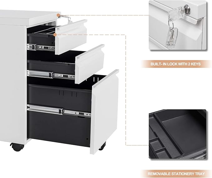 Bonnlo White 3-Drawer File Cabinet with Lock, Rolling Under Desk Filing Cabinet for Home Office, Mobile Office Drawers with Pencil Tray, Assembly Required, 23.6" H