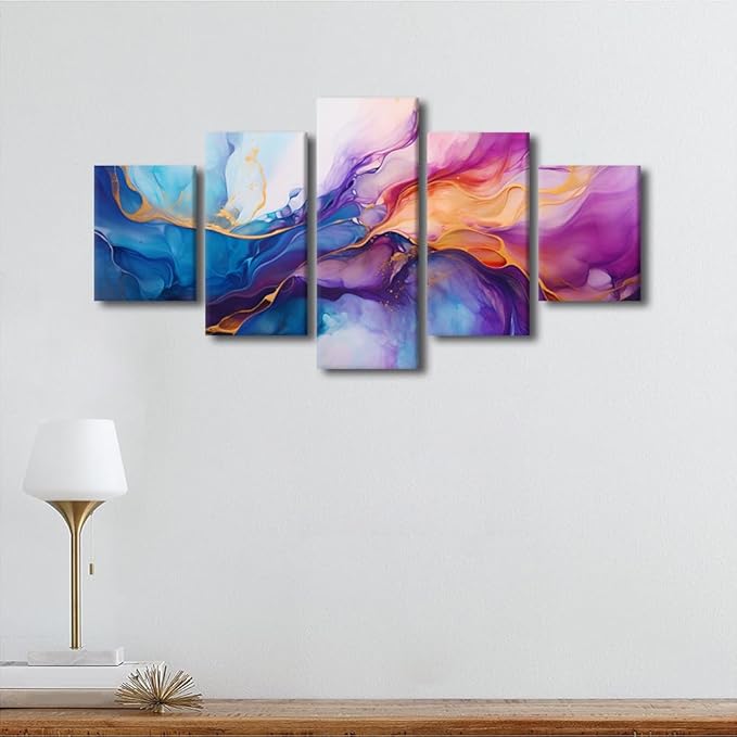 Abstract Canvas Wall Art Modern Living Room Decor for Men Creative and Color Mix Poster Prints on Canvas 5 Panel Office Wall Decor for Lady Bedroom Decoration Stretched Ready to Hang 60x32 in