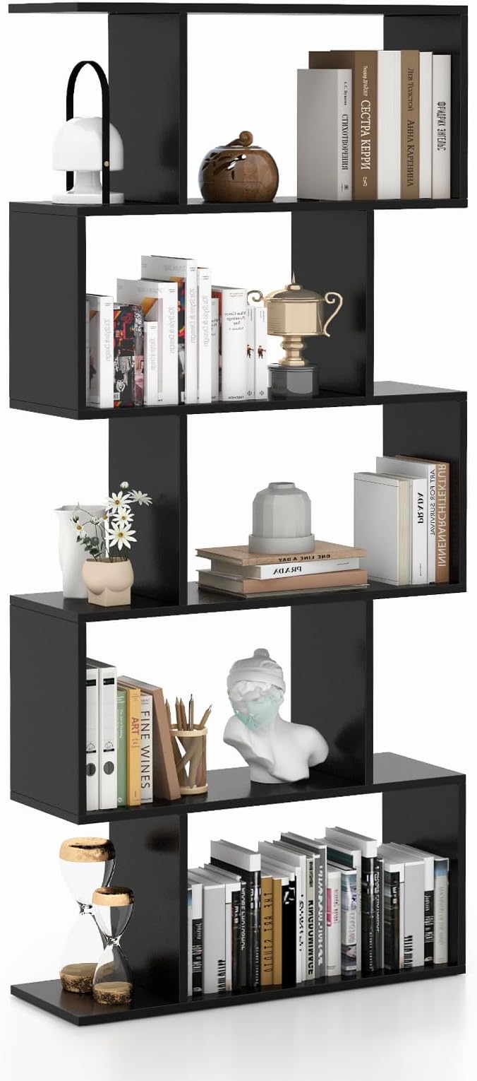Tangkula 5-Tier Geometric Bookshelf, S Shaped Bookcase w/Anti-Toppling Device, Freestanding Room Divider, Industrial Home Office Decor Wood Open Storage Display Shelf for Living Room (1, Black)