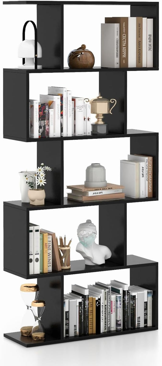 Tangkula 5-Tier Geometric Bookshelf, S Shaped Bookcase w/Anti-Toppling Device, Freestanding Room Divider, Industrial Home Office Decor Wood Open Storage Display Shelf for Living Room (1, Black)