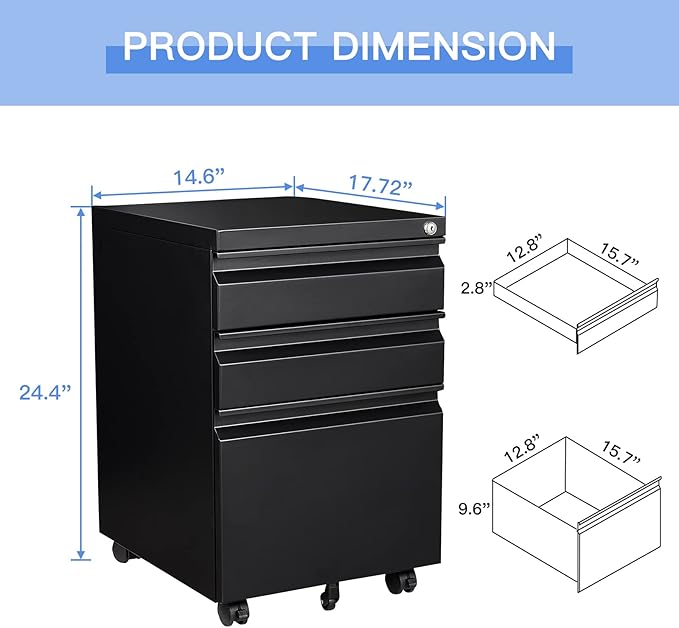 Yizosh 3 Drawer Mobile File Cabinet with Lock, Black Under Desk Rolling Filing Cabinet, Metal Locking File Cabinet on Wheels for Legal/Letter/A4 File (Required Assemble)