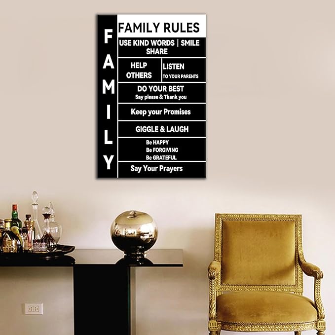 Inspirational Canvas Wall Art Motivational Poster Wall Decor for Home Positive Family Rules Quotes Poster Print Artwork for Modern Bedroom Bathroom Living Room Stretched and Framed [12''Wx18''H]