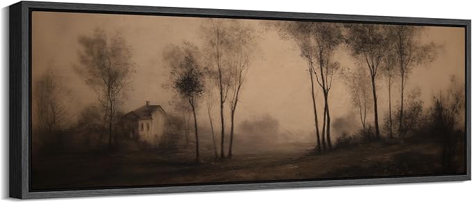 SIGNFORD Large Framed Canvas Print Wall Art Vintage Sepia Countryside Trees and Cottage Illustrations Modern Art Calm Warm for Living Room, Bedroom, Office - 60"x20"