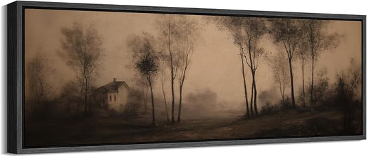 SIGNFORD Large Framed Canvas Print Wall Art Vintage Sepia Countryside Trees and Cottage Illustrations Modern Art Calm Warm for Living Room, Bedroom, Office - 60"x20"