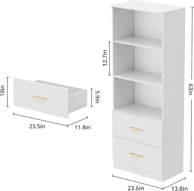 White Bookshelf with Fluted Drawers, 63" Tall Modern Bookshelf with Storage, 3 Tier Bookshelf with Adjustable Shelf, Open Shelves Bookcase, Unique Book Shelf for Home Office, White