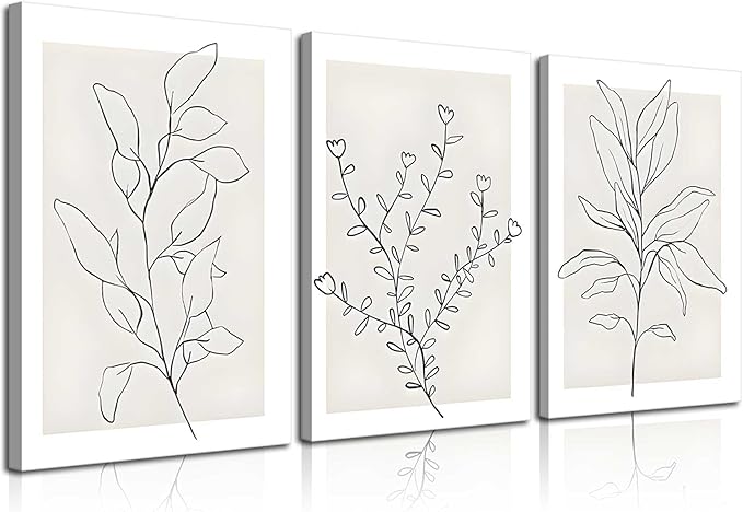 3Pcs Framed Neutral Botanical Wall Art Minimalist Abstract Botanical Line Canvas Posters Prints Modern Beige Boho Plant Paintings Wall Decor Pictures for Bedroom Living Room Home Decoration