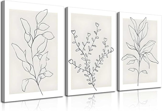 3Pcs Framed Neutral Botanical Wall Art Minimalist Abstract Botanical Line Canvas Posters Prints Modern Beige Boho Plant Paintings Wall Decor Pictures for Bedroom Living Room Home Decoration