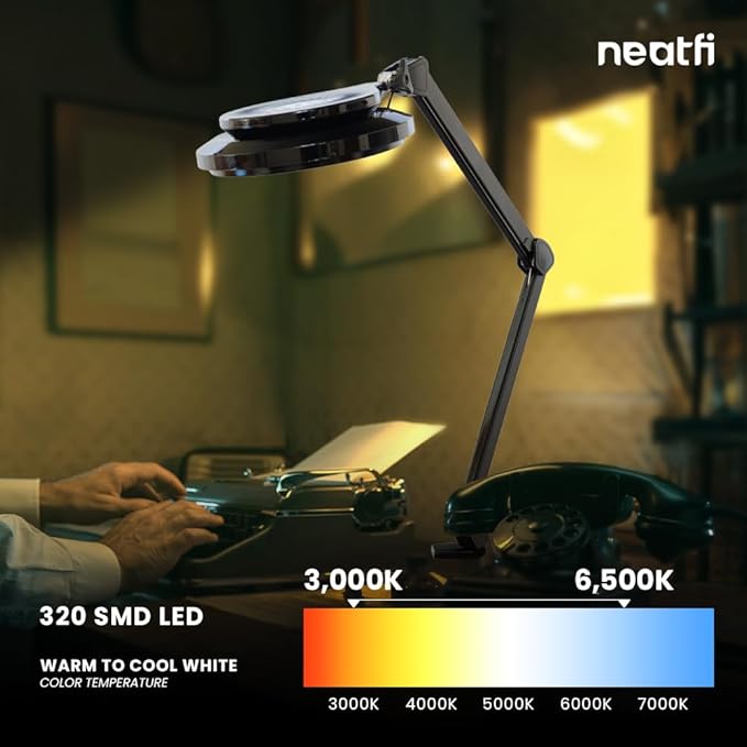 Neatfi LED Desk Lamp | 3,000 Lumens | 30W | 320 SMD LEDs | Dimmable | 3000K–6500K Color Temperature | Adjustable Desk Light for Home, Office, or Workbench (Black)