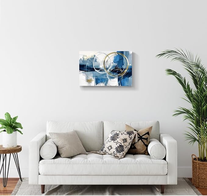 gaosoul Minimalist Abstract Canvas Wall Art Blue and Gold Doodles on White Background Painting Prints Stylish Framed Artwork for Living Room Bedroom Office Decor 24x16in