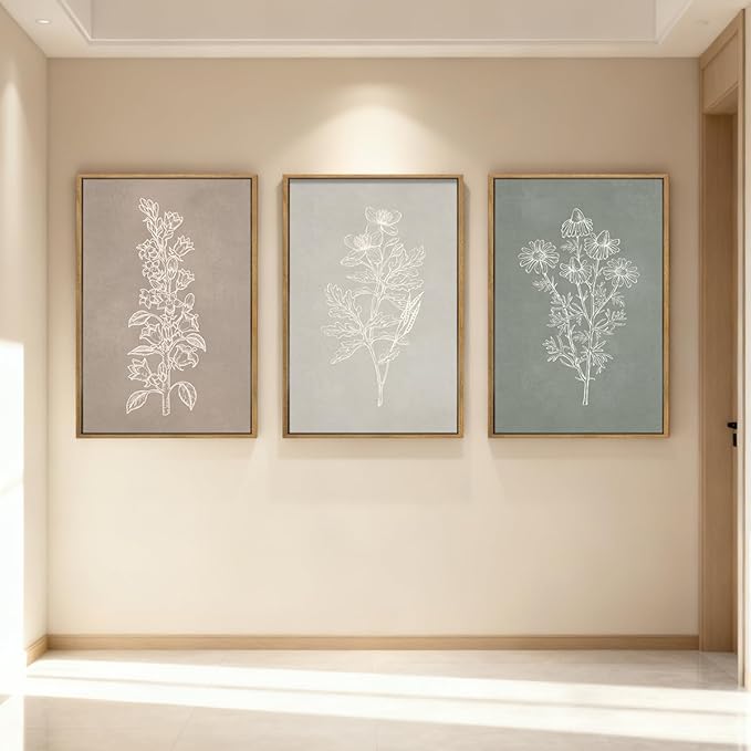 ANHUIB Neutral Botanical Wall Art, Rustic Farmhouse Floral Paintings,Vintage Minimalist Boho Flower Wall Decor 16x24 Inch Plants Set of 3 for Living Room Bedroom